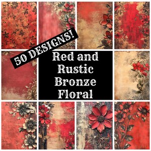 Rood en rustiek brons bloemendagboekpapier, rood en rustiek brons bloemen afdrukbaar papier, vintage journaalbenodigdheden, dagboekinzetstukken