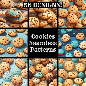 May include: A digital collage of 56 different cookie designs. The designs include chocolate chip, sugar, peanut butter, and other varieties. The text "Cookies Seamless Patterns" is displayed in the center of the image.