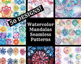 Watercolor Mandala Seamless Patterns: 50 PNG Digital Papers (Digital Download)
