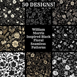 Door William Morris geïnspireerde zwarte bloemen naadloos digitaal papier, afdrukbaar plakboek naadloze texturen, digitale Instant Download