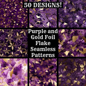 May include: 50 digital seamless patterns featuring purple and gold foil flake designs. The patterns include geometric shapes, floral designs, and marble textures.