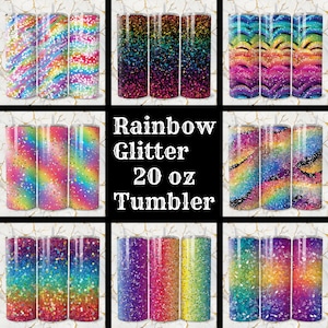 Rainbow Glitter Tumbler Wrap Bundle 20 Pack 20 oz Skinny Tumbler Sublimation Designs Straight Tapered Tumbler PNG, Instant Download