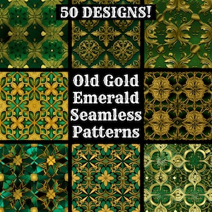 May include: A collage of 50 seamless patterns featuring intricate designs in shades of emerald green and old gold. The text "Old Gold Emerald Seamless Patterns" is displayed in the center of the image.