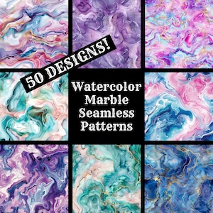 Puede incluir: 50 Patrones de Mármol de Acuarela Sin Costuras. Una descarga digital de 50 patrones sin costuras que presentan diseños abstractos de mármol de acuarela en tonos de rosa, azul, morado y turquesa.