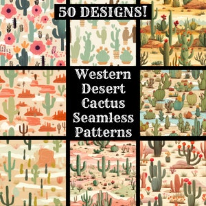 Papier numérique sans couture de cactus du désert occidental, textures transparentes de papier de scrapbooking imprimable, téléchargement numérique instantané de cactus de l'ouest du désert