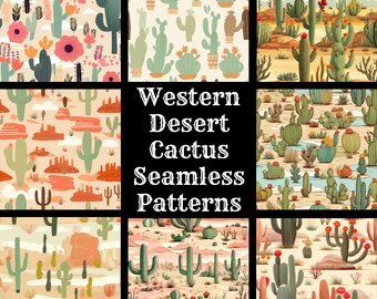 May include: A set of 50 digital seamless patterns featuring various cactus designs in a western desert theme. The patterns include different cactus shapes, sizes, and colours, with some featuring flowers and clouds.