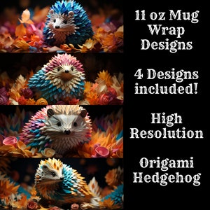 Origami Hedgehog 11 oz Becher Wrap Bundle 4er Pack Becher wickeln Sublimation Designs Becher PNG, sofortiger Download, Igel Becher wickeln Sublimation