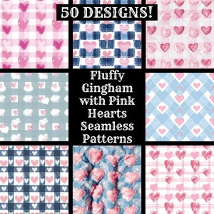 May include: 50 seamless patterns featuring pink hearts on a blue and white gingham background.  The patterns are perfect for crafting, scrapbooking, and other creative projects.