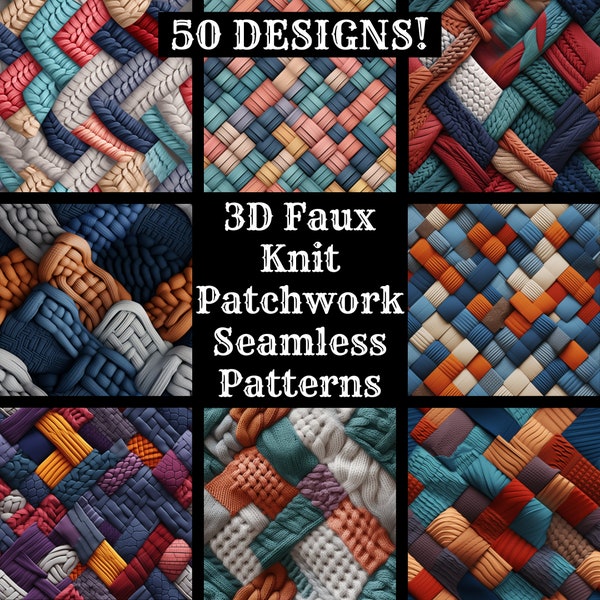 3D Faux Knit Patchwork Seamless Digital Paper, Printable Scrapbook Paper Seamless Textures, Digital Instant Download Faux Knit Sublimation