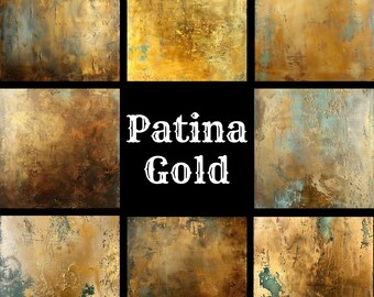 May include: A collage of 9 images showing 50 different designs of patina gold. The text "Patina Gold" is in the center of the collage.