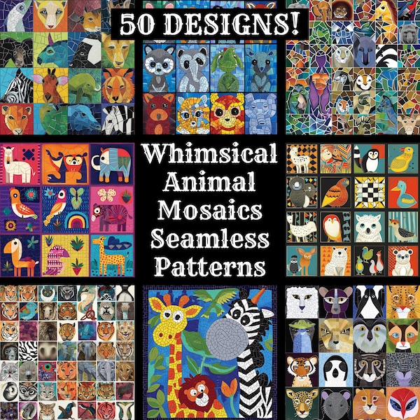 Whimsical Animal Mosaics Seamless Digital Paper, Printable Scrapbook Paper Seamless Textures, Digital Instant Download Whimsical Mosaics