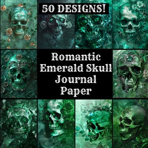 Puede incluir: 50 diseños de papel de diario romántico con calavera de esmeralda. Cada diseño presenta una calavera con detalles intrincados y una gama de colores verde esmeralda.