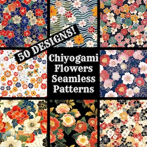 May include: A collage of nine different seamless patterns featuring colorful Japanese Chiyogami flowers. The patterns are in various colors, including red, pink, blue, yellow, and white. The text "50 DESIGNS!" and "Chiyogami Flowers Seamless Patterns" is displayed in the center of the collage.