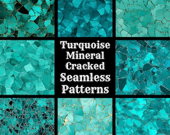 May include: 50 turquoise mineral cracked seamless patterns. The patterns are a variety of shades of turquoise with gold accents.