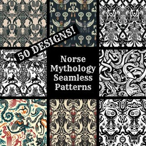 May include: A set of 9 black and white seamless patterns inspired by Norse mythology. The patterns feature intricate designs of mythical creatures, symbols, and knotwork. The text "Norse Mythology Seamless Patterns" is displayed in the center of the image.