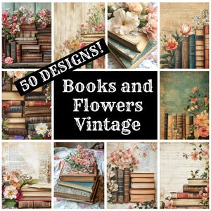 Bücher und Blumen Vintage Journal Papier, Bücher und Blumen Vintage bedruckbares Papier, Vintage Journal Zubehör, Journal Inserts
