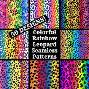 Papel digital sem costura com leopardo colorido arco-íris, papel para scrapbook com texturas sem costura para impressão com leopardo colorido arco-íris, download instantâneo