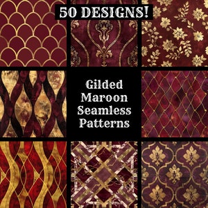 May include: 50 digital seamless patterns in a maroon and gold colour scheme. The patterns are a mix of geometric, floral, and abstract designs.