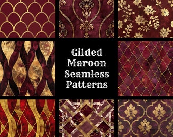 May include: 50 digital seamless patterns in a maroon and gold color scheme. The patterns are a mix of geometric, floral, and abstract designs.