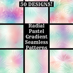 May include: 50 seamless patterns featuring radial pastel gradients in a variety of colors. The patterns are perfect for use in digital and print projects.