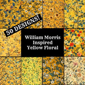 Op William Morris geïnspireerd dagboekpapier met gele bloemen, William Morris-papier met gele bloemen, afdrukbaar papier met gele bloemen, vintage dagboekbenodigdheden, inlegvellen
