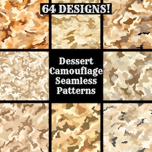 Puede incluir: Un conjunto de 9 patrones digitales sin costuras que presentan un diseño de camuflaje en tonos marrones, beige y blancos. Los patrones están etiquetados como "Patrones de camuflaje de postre sin costuras".