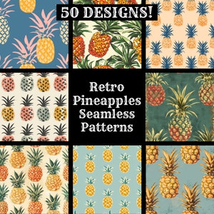 Op de afbeelding: Een set van 9 digitale naadloze patronen met retro ananasontwerpen in verschillende kleuren en stijlen. De patronen zijn perfect om unieke en stijlvolle projecten te maken.
