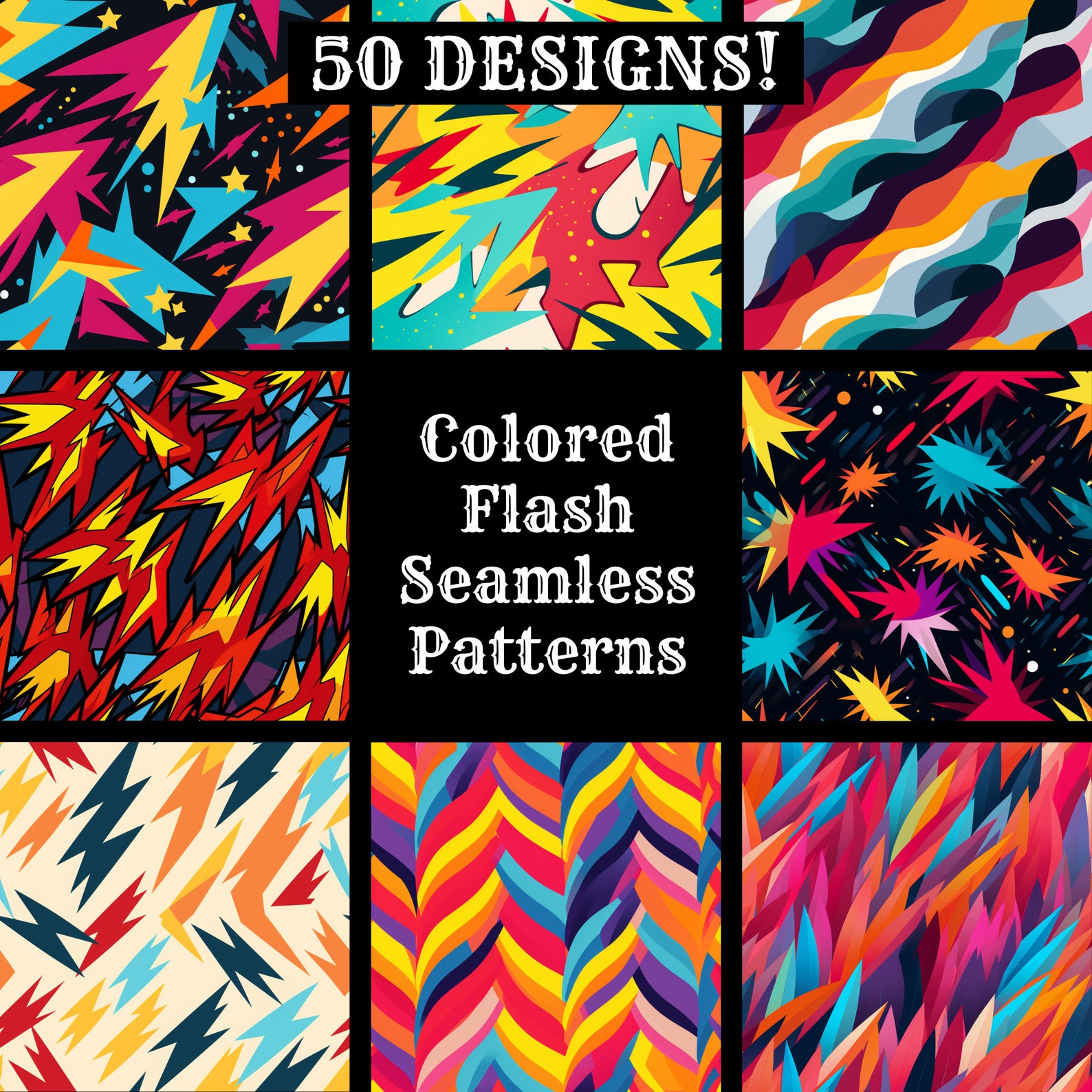 Colorful Flash Seamless Patterns: 50 PNG Digital Papers (digital ...
