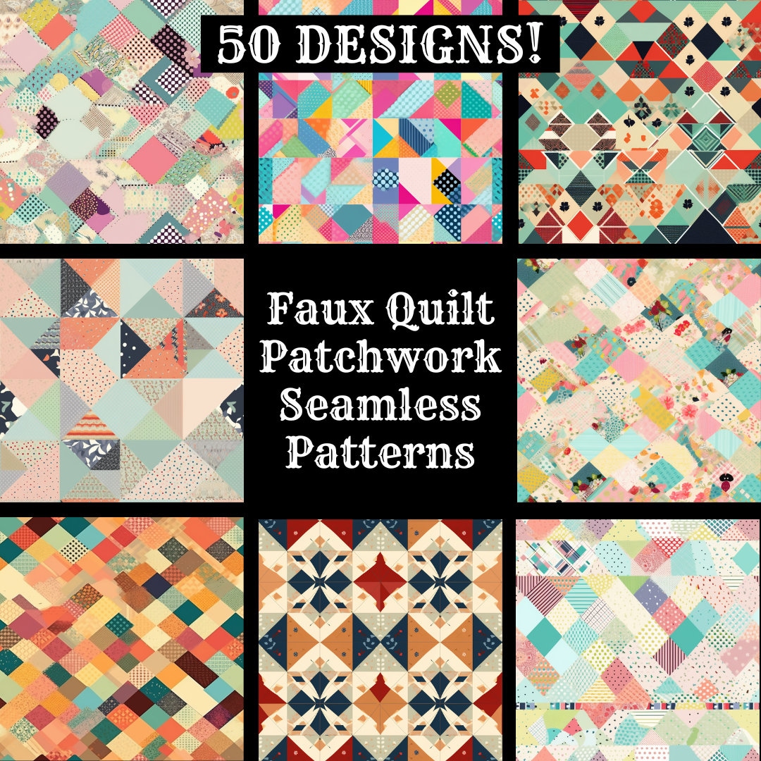 Faux Quilt Patchwork Seamless Patterns: 50 PNG Digital Papers (digital ...