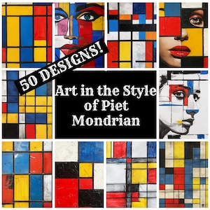 Könnte beinhalten: Eine Collage aus 9 Bildern im Stil von Piet Mondrian. Die Bilder zeigen abstrakte geometrische Formen in Rot, Gelb, Blau und Schwarz. Der Text "50 DESIGNS! Art in the Style of Piet Mondrian" ist über die Collage gelegt.