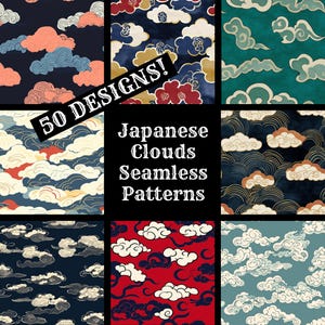 May include: A collection of 50 seamless patterns featuring Japanese-style clouds in various colors, including blue, red, green, and gold. The patterns are perfect for use in digital and print projects.