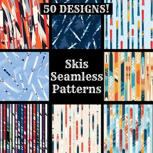 May include: A set of 9 colorful seamless patterns featuring various designs of skis. The patterns are perfect for winter-themed projects, such as fabric, wallpaper, or wrapping paper. The text "50 DESIGNS!" and "Skis Seamless Patterns" is displayed on the image.