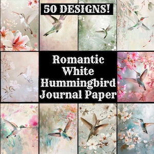 Romantic White Hummingbird Journal Paper, Romantic White Hummingbird Printable Paper, Vintage Bird Journal Supplies, Journal Inserts