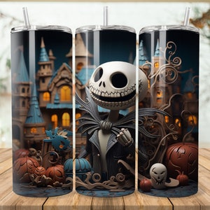 a set of three travel mugs with jack skellingy on them