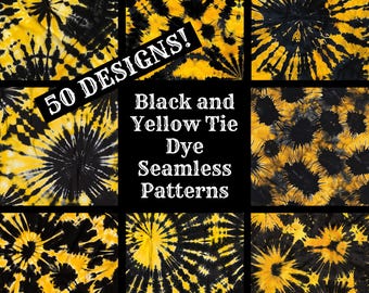 Black & Yellow Tie Dye Seamless Patterns: 50 PNG Designs (Digital Download)