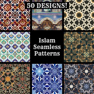 Può includere: Un collage di nove motivi islamici senza cuciture colorati. I motivi presentano forme geometriche, stelle e motivi floreali. Il testo "50 DESIGNS!" e "Islam Seamless Patterns" è visualizzato sull'immagine.