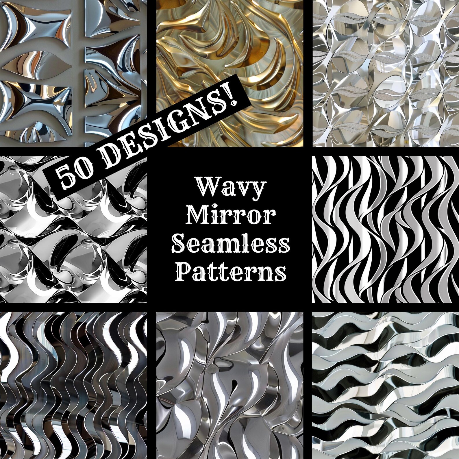 Mirror Effect Pattern Wavy Mirror Seamless Patterns: 50 PNG Digital Papers (digital Download ...