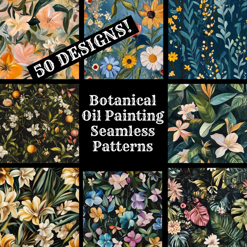 Botanical Oil Painting Seamless Digital Paper, Printable Scrapbook