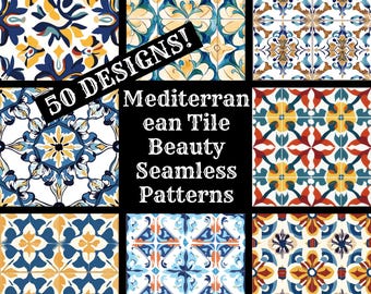 Mediterranean Tile Seamless Pattern: 50 PNG Digital Papers (Digital Download)