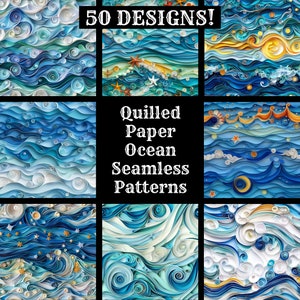 Op de afbeelding: Een collage van negen afbeeldingen met gequilled papier-oceaanontwerpen. De afbeeldingen tonen verschillende oceaan scènes, waaronder golven, wolken, sterren en een halve maan. De tekst "Gequilled papier-oceaan naadloze patronen" wordt in het midden van de collage weergegeven.