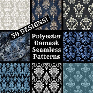 Pode incluir: Uma colagem de nove padrões de damasco diferentes em vários tons de azul, branco e preto. O texto "50 DESIGNS! Polyester Damask Seamless Patterns" está no centro da imagem.