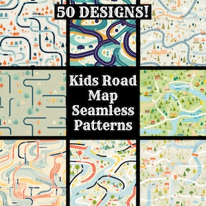 Papier numérique sans couture de carte routière pour enfants, textures transparentes de papier de scrapbooking imprimable, téléchargement immédiat, usage commercial carte d'enfant route de enfant