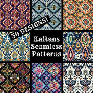 Könnte beinhalten: Eine Sammlung von 50 nahtlosen Mustern mit farbenfrohen geometrischen und floralen Designs. Die Muster sind mit "Kaftans Seamless Patterns" gekennzeichnet.