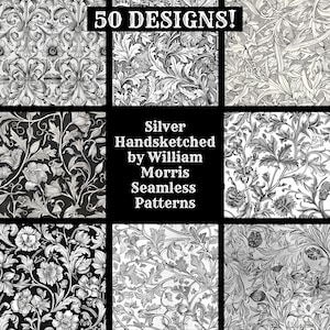 Silver Handsketched por William Morris Papel digital sem costura, papel de scrapbook para impressão, texturas sem costura, download digital instantâneo