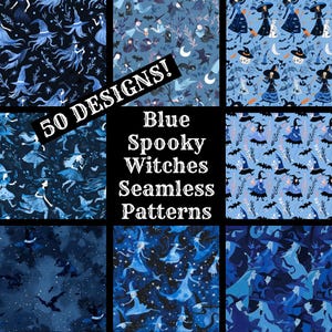 May include: A collage of nine different blue and black seamless patterns featuring witches, bats, stars, and other spooky elements. The text "50 DESIGNS!" and "Blue Spooky Witches Seamless Patterns" is displayed in the center of the image.