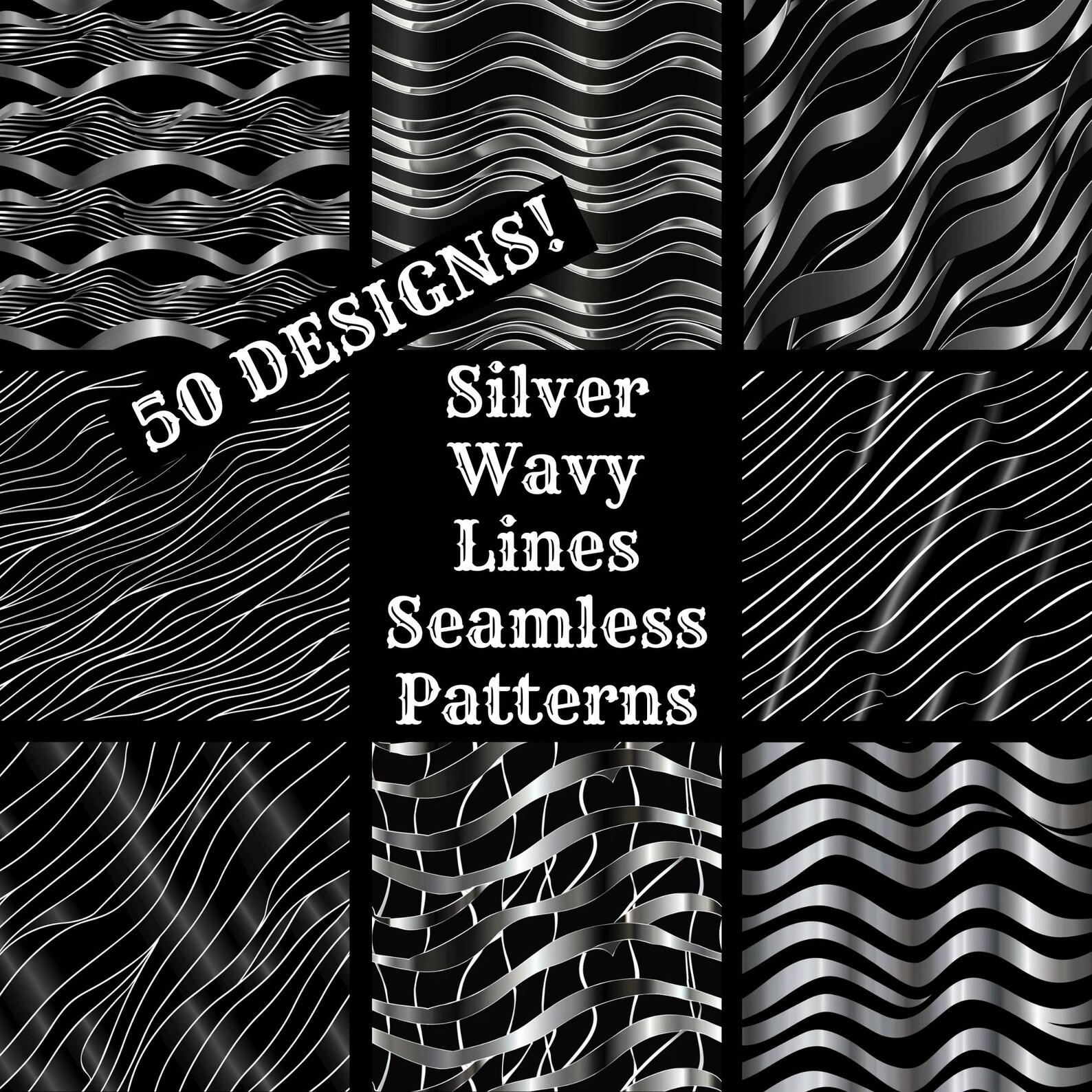 Silver Wavy Lines Seamless Patterns: 50 Digital Papers (digital ...