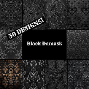 Può includere: Un collage di 50 motivi damascati neri. I motivi sono intricati e dettagliati, con una varietà di disegni floreali e geometrici. Il testo "50 DESIGNS!" e "Black Damask" è visualizzato sull'immagine.