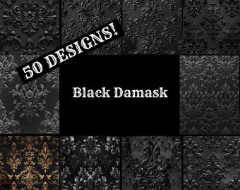 Black Damask Digital Paper: Vintage Journal Inserts (PNG, 8.5x11 in) (Digital Download)