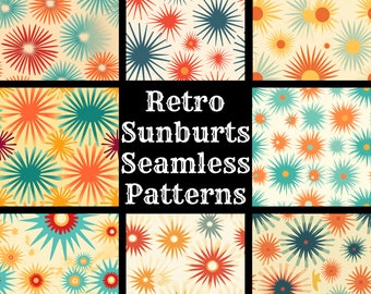 Retro Sunburst Seamless Pattern: 50 PNG Digital Papers (Digital Download)