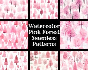 Puede incluir: 50 Patrones de bosque rosa acuarela sin costuras. Un collage de nueve patrones de bosque rosa diferentes con varias formas y tamaños de árboles.